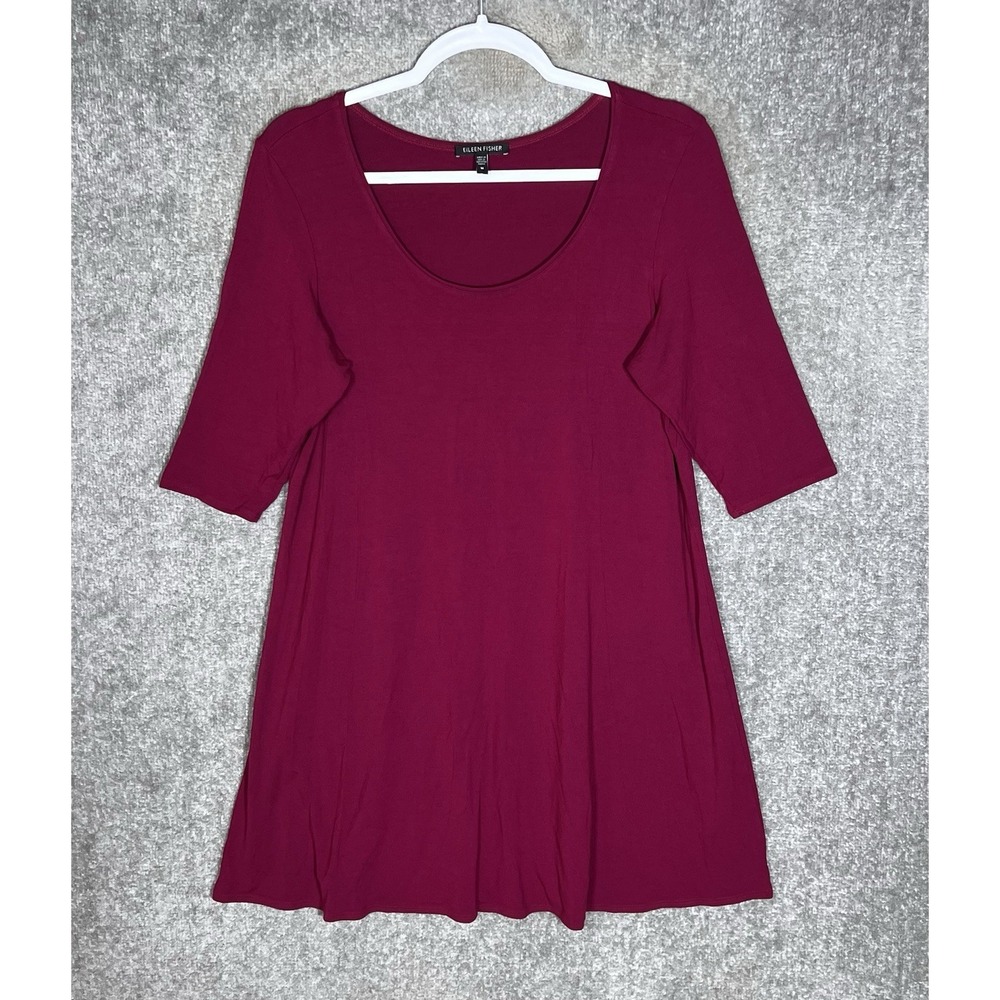 Eileen Fisher Tunic Top Womens Size M Burgundy Stretch Scoop Neck Elbow Sleeve